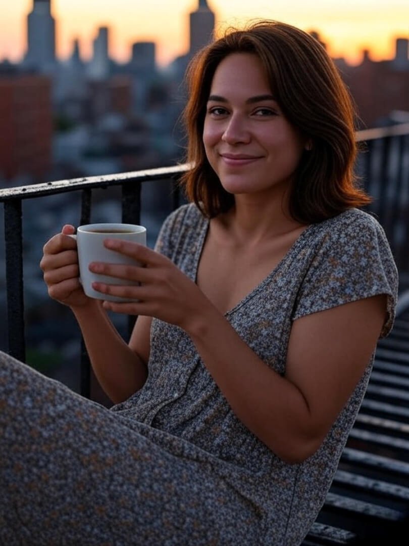 15.7s A high-res shot of a woman sitting on a fire escape in Queens at sunset with a mug of tea, city skyline blurred behind her.