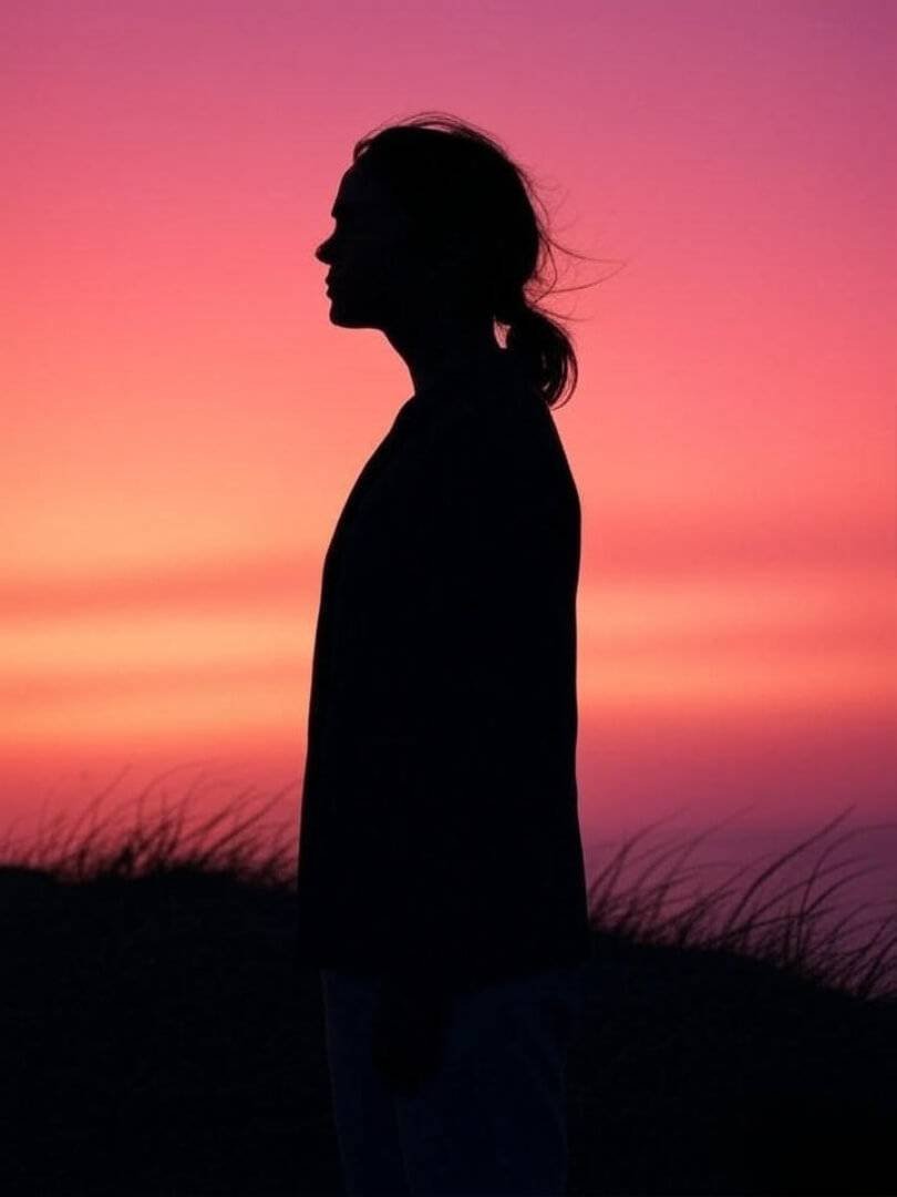 silhouette against pink-orange sky.