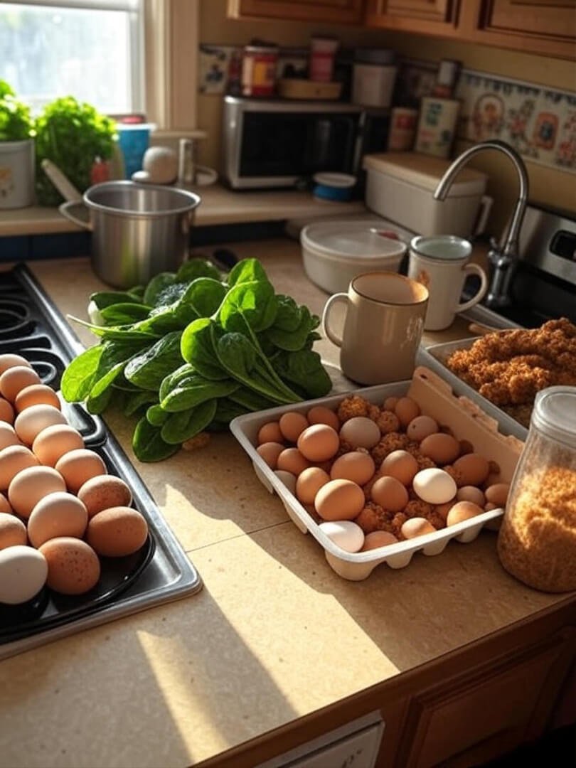 Overhead shot of a cluttered Queens kitchen counter with eggs, spinach, and a coffee mug.