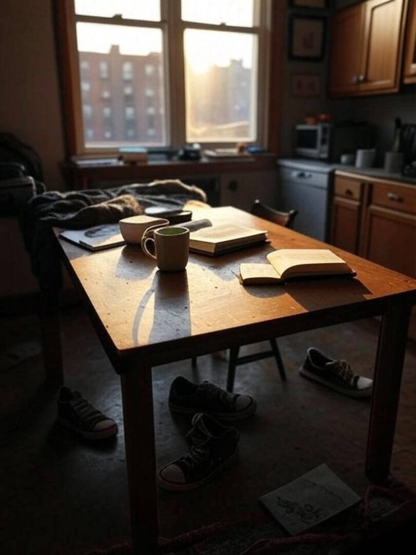 a messy-but-happy kitchen table with a mug of green tea, an open journal, sneakers tossed on the floor