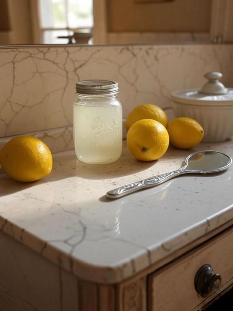 warm-toned photo of a cluttered vanity with a mason jar of coconut oil, fresh lemons, and a hand mirror on a cracked marble countertop.