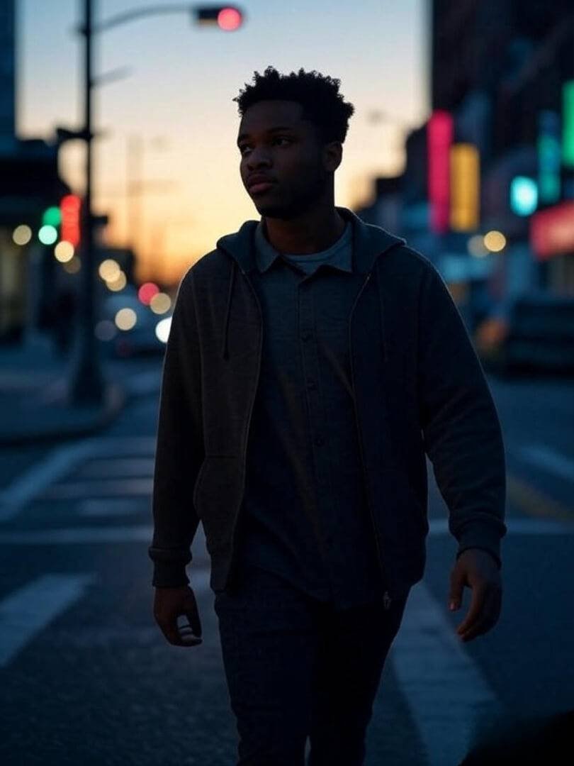 A moody, artsy shot of someone walking across a Queens street at sunset with neon signs glowing.
