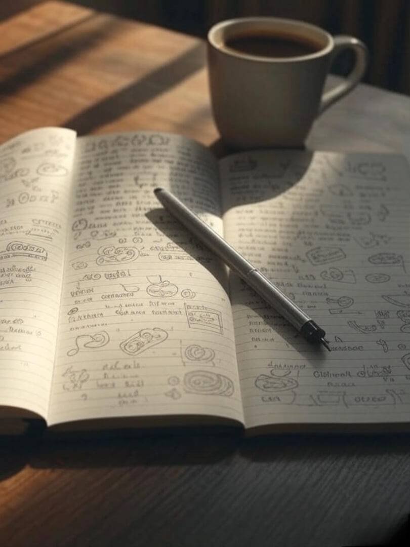 a cozy Queens apartment desk, sunlight spilling over a colorful notebook, pen, and half-drunk mug of coffee.