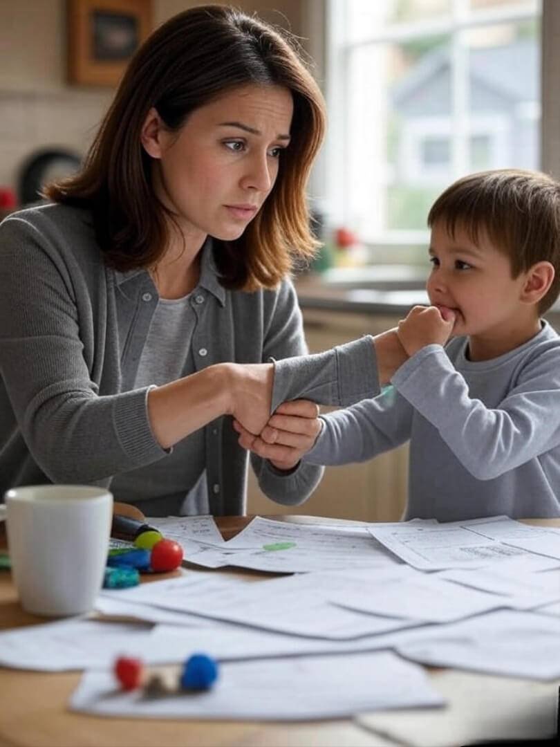 A working mom at a cluttered kitchen table with laptop open, kid tugging at her sleeve, coffee mug half-empty.