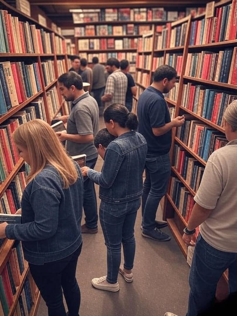 a crowded bookstore self-help section, with colorful book spines spilling out of the shelves, soft golden lighting.