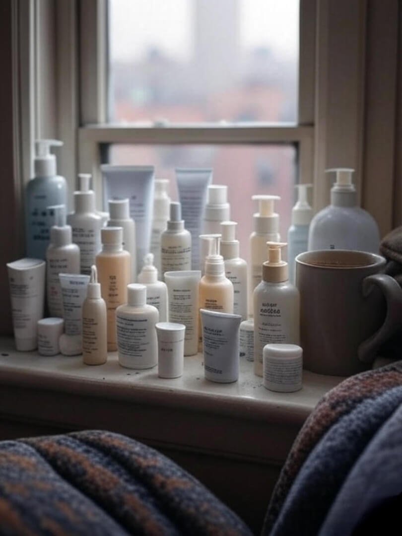 A flat lay of my skincare lineup on a messy Queens apartment windowsill, soft natural light, coffee mug off to the side.