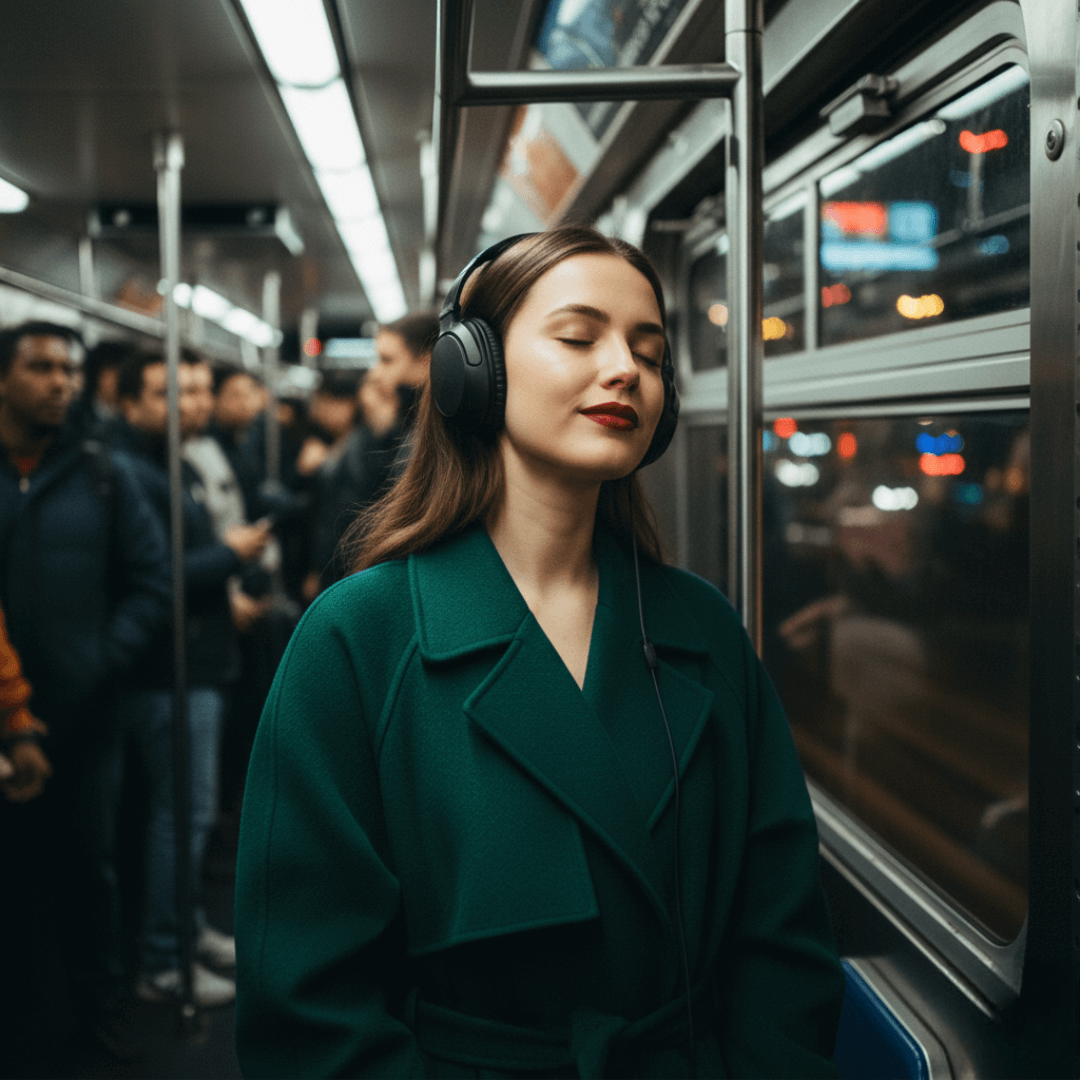 a woman in a crowded subway car, bold lipstick, earphones in, looking like she’s totally in her own zone—city lights blurred in background
