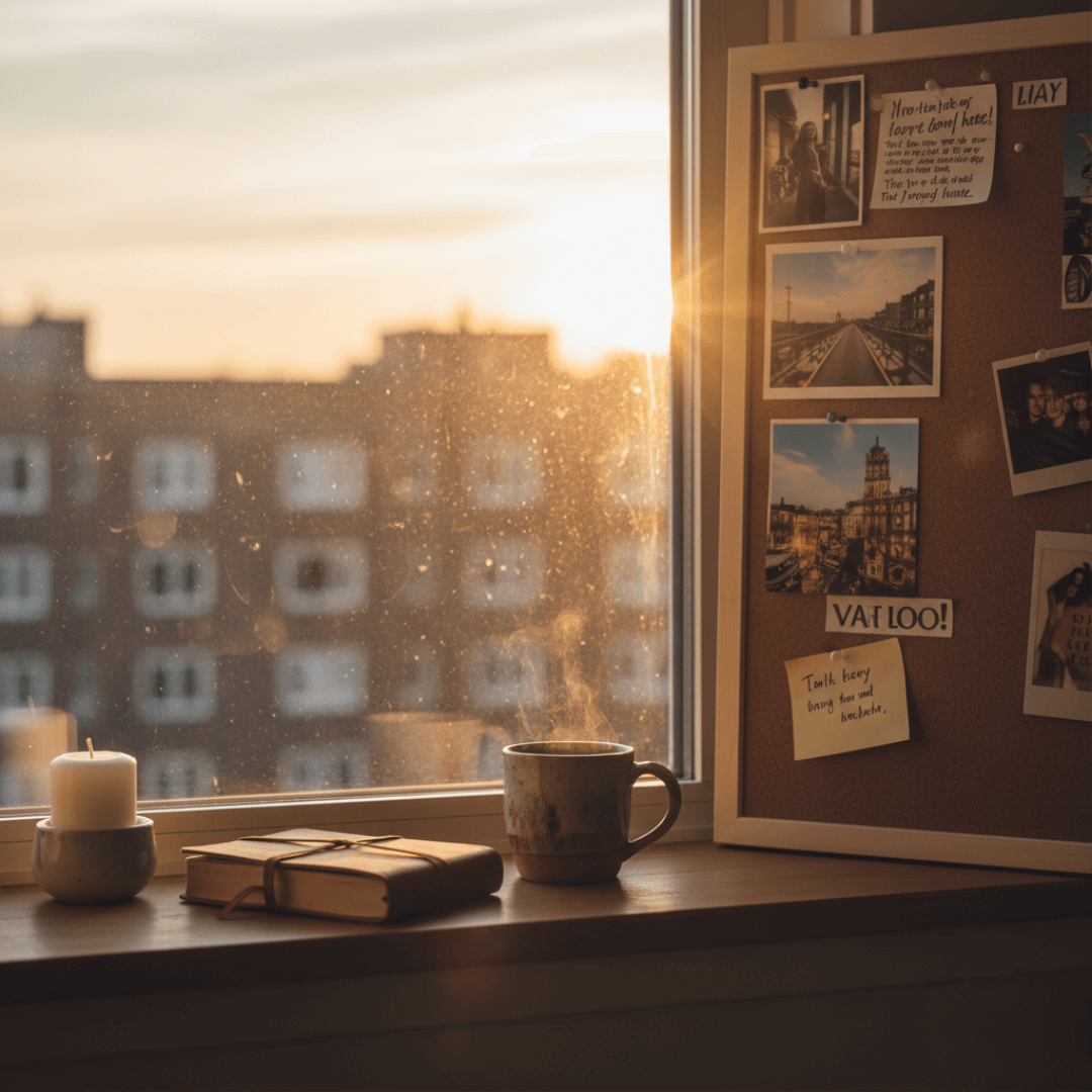 a cozy Queens apartment window sill at sunrise, with a journal, candle, and coffee mug next to a vision board.