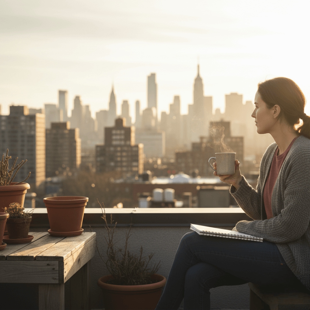 a person sitting on a Queens rooftop, notebook in lap, skyline in background, holding coffee and looking thoughtful.