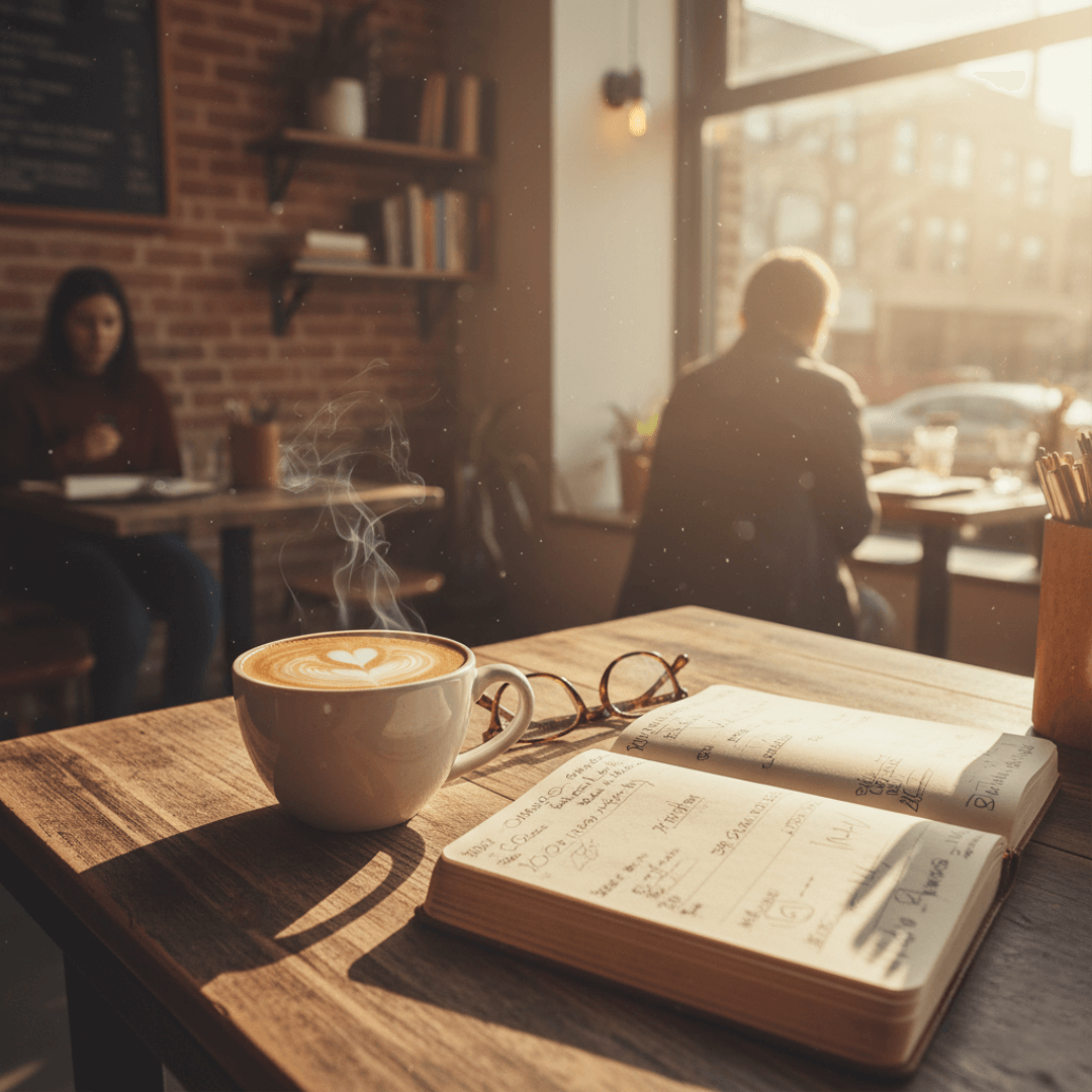 A cozy, sunlit corner of a coffee shop in Queens, NYC — latte foam hearts, a half-opened journal with scribbles, and someone’s glasses tossed next to it