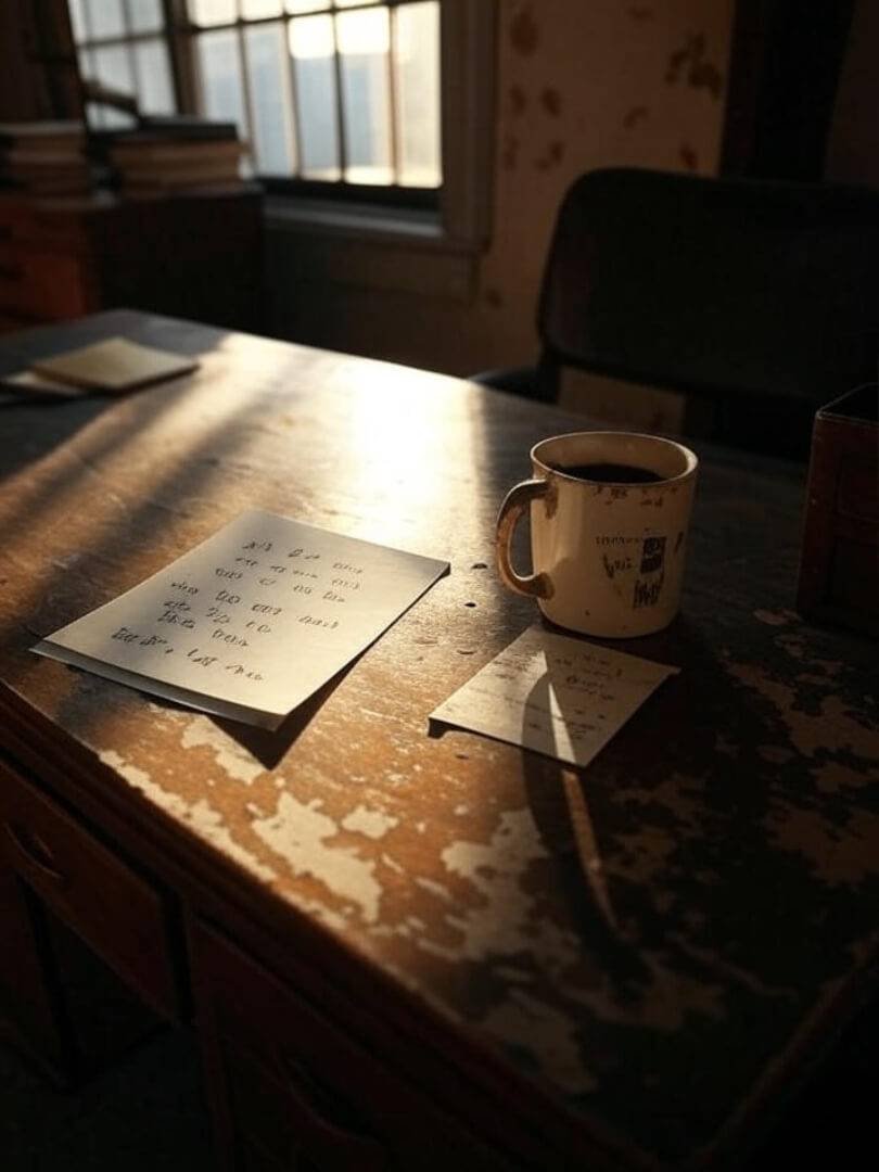 a slightly messy desk in a Queens apartment: a chipped coffee mug, a handwritten note with affirmations like “You’ve got this,” sunlight streaming through a fire escape window.