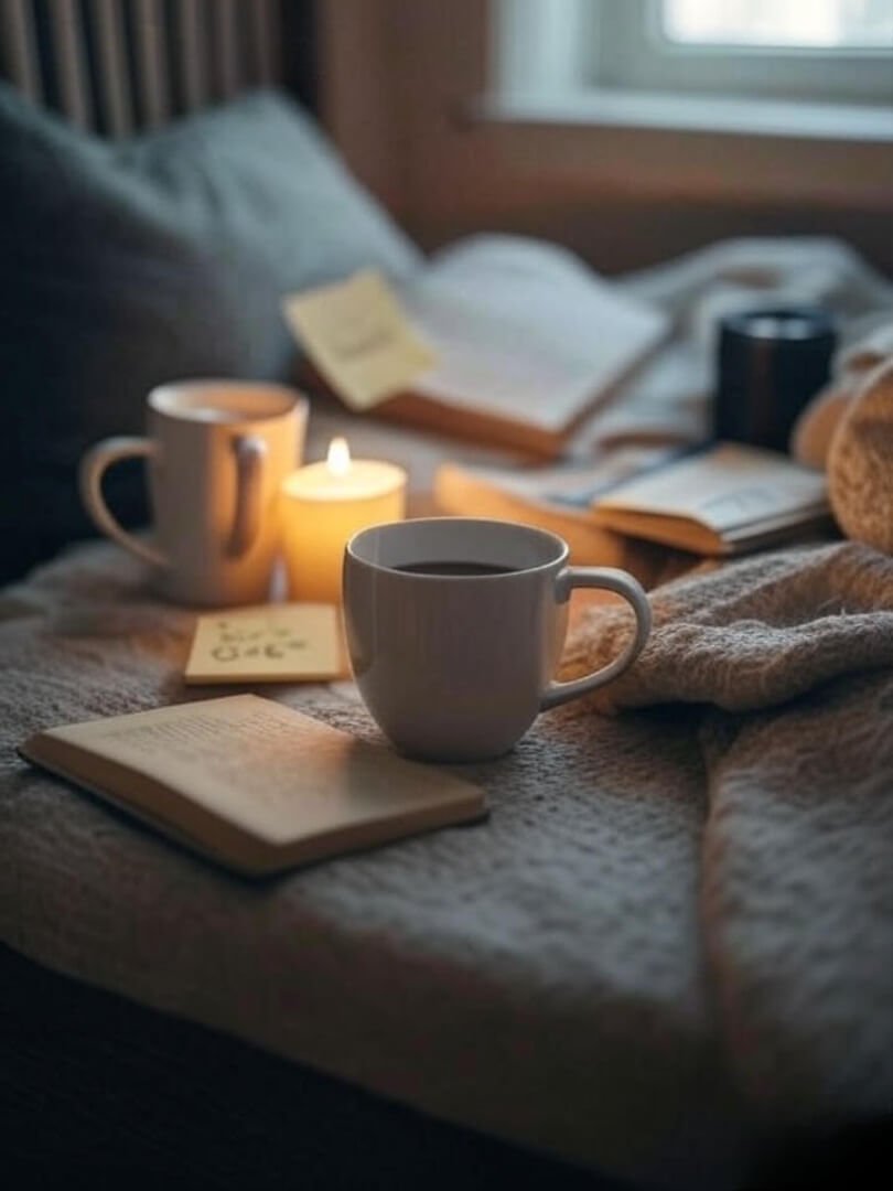 a cluttered but cozy bedside table—half-drunk coffee, crumpled journal, candle, and a sticky note that says “Take Care.”