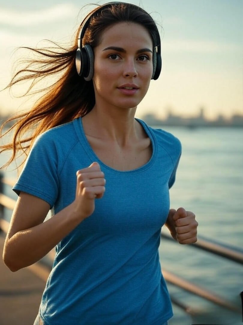 a woman jogging along the Queens waterfront at sunrise, wearing casual workout gear and headphones