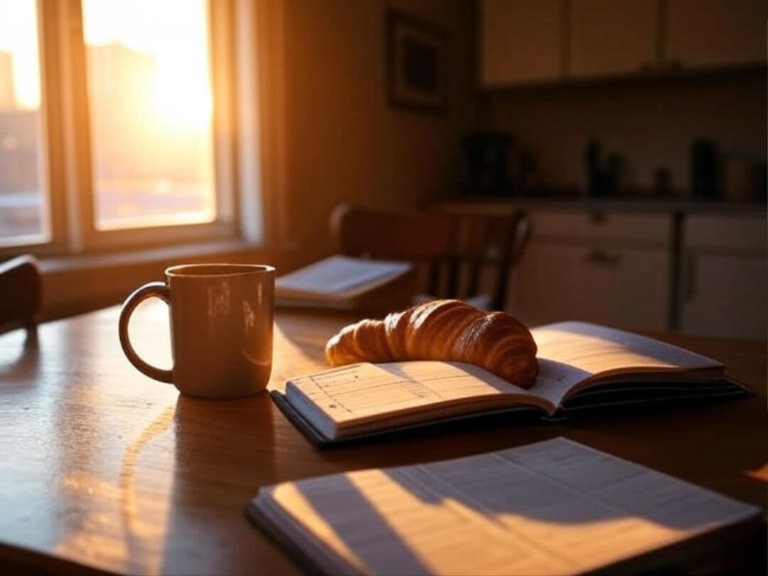 a cozy Queens apartment kitchen table at sunrise with a coffee mug, a half-eaten croissant, and an open planner. Warm light streaming in.