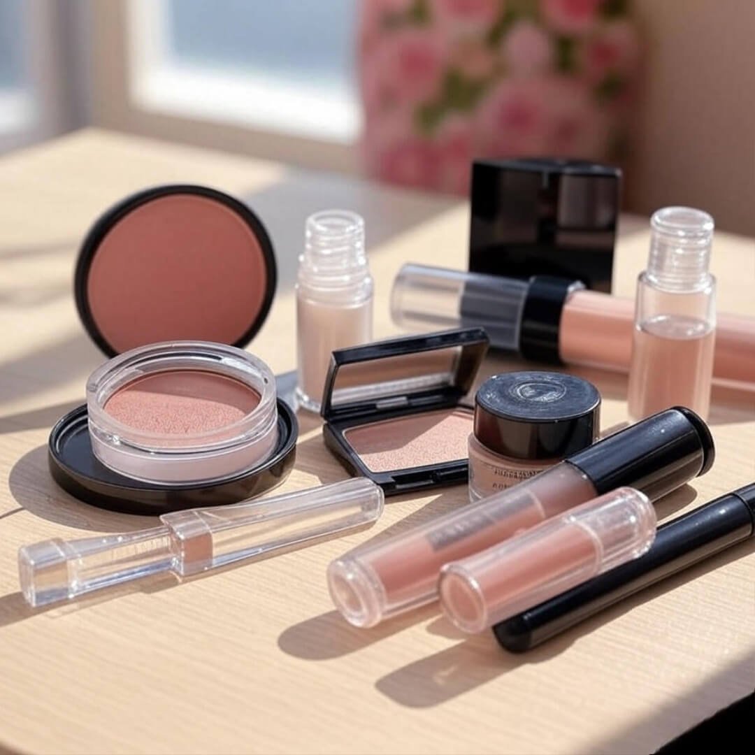 A flat lay of affordable “clean girl” makeup dupes — cream blush, clear brow gel, tinted balm.