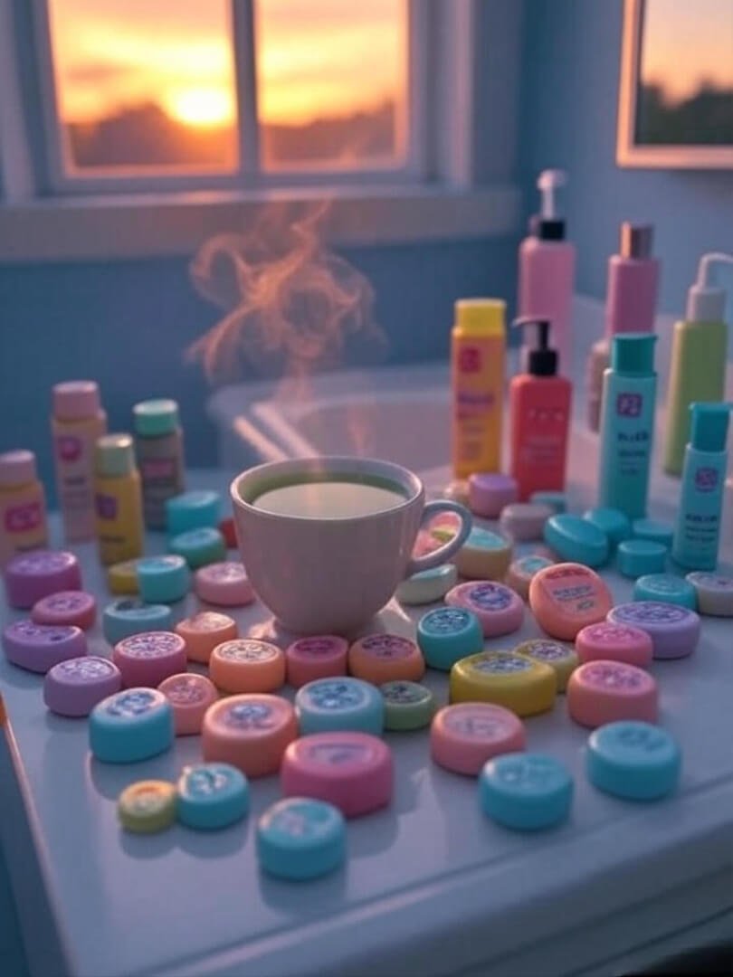 colorful K-beauty products scattered next to a steaming cup of green tea.
