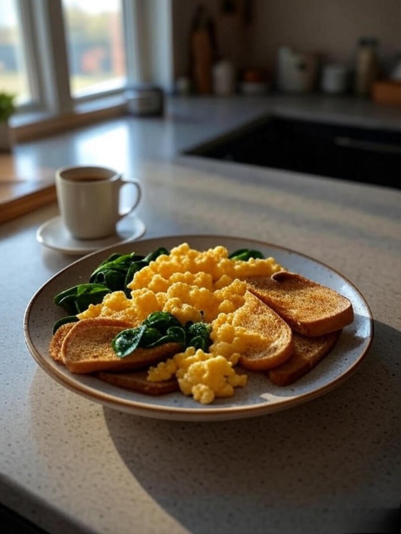 a cozy kitchen counter with a mismatched plate of scrambled eggs, spinach, and toast