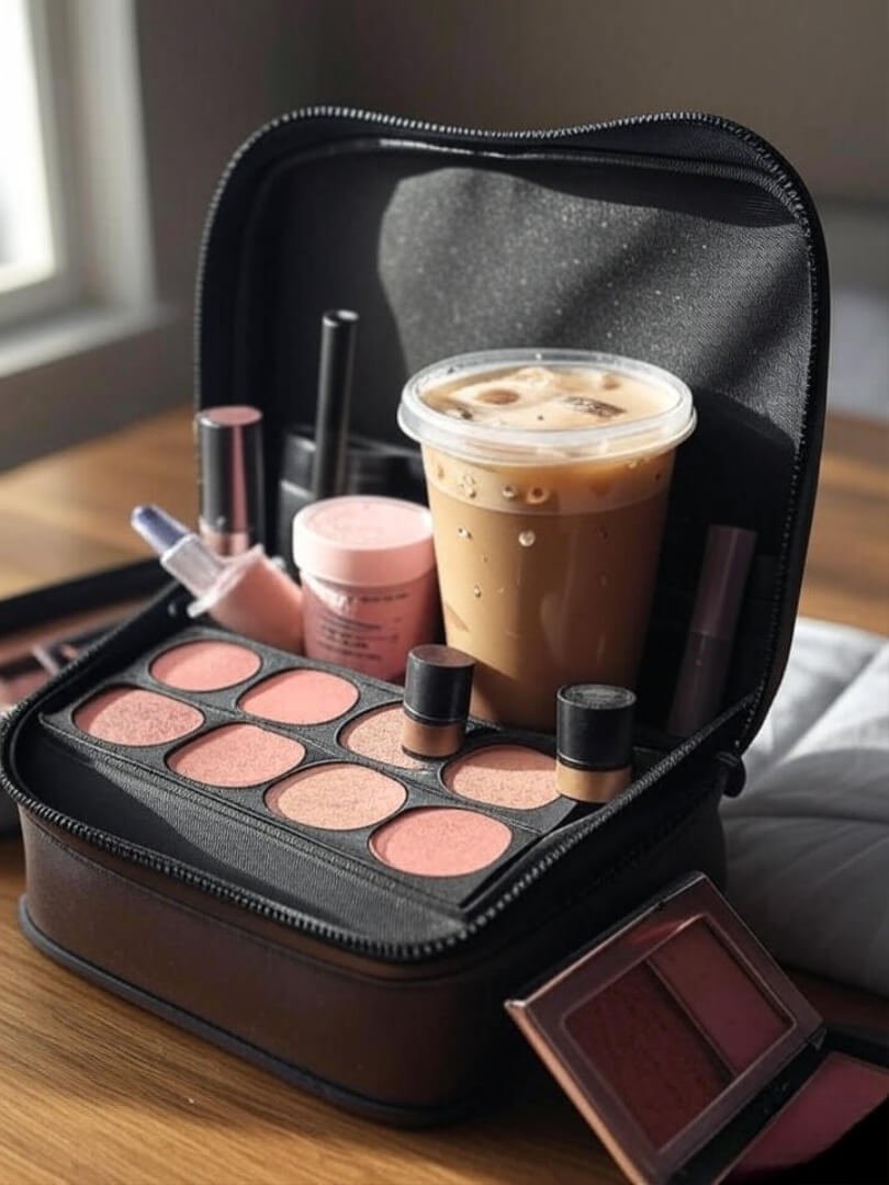 open makeup bags, iced coffee, natural light streaming in from the window, muted neutral tones with a pop of pink blush.