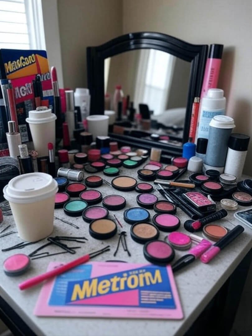 a messy vanity table with a MetroCard, coffee cup, and makeup essentials scattered