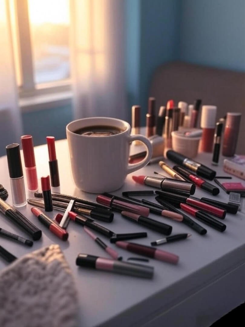 makeup essentials scattered next to a coffee mug, muted warm tones