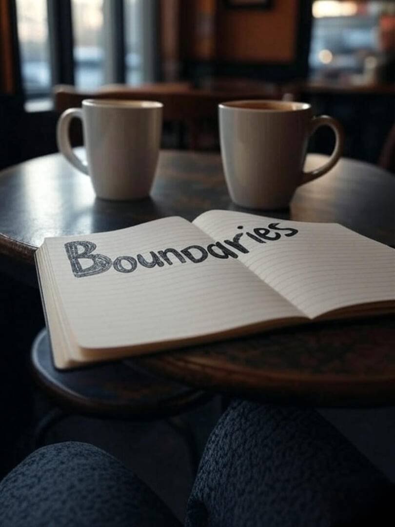 two coffee mugs on opposite ends of a small café table, with a notebook open to “Boundaries” scribbled in big letters.