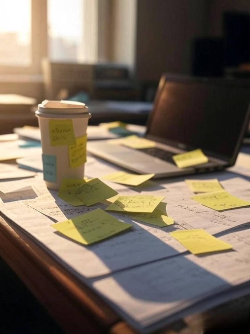 A candid shot of a messy desk with half-drunk coffee, scribbled sticky notes everywhere, and sunlight barely hitting a laptop screen.