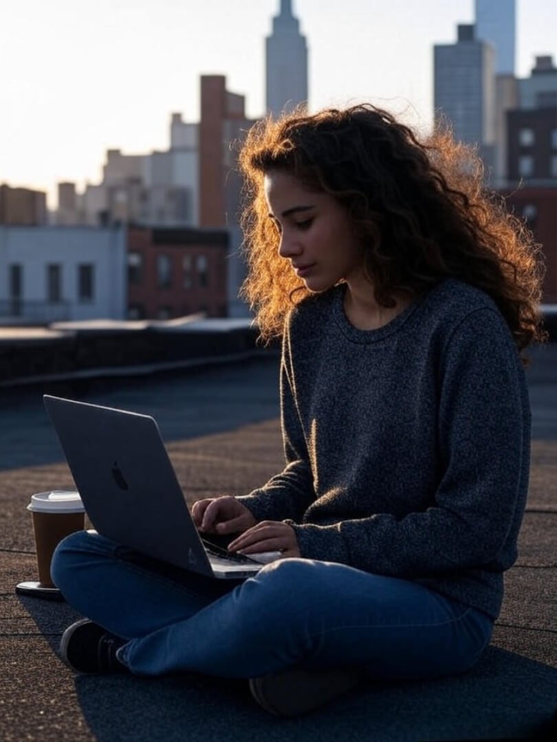 a girl sitting cross-legged on a rooftop in Queens with her laptop, coffee, and phone.