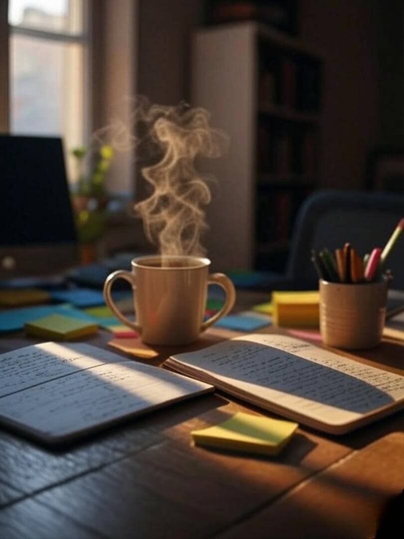 A messy-but-cozy desk with an open notebook, a coffee mug, and sticky notes scattered. Warm morning light.