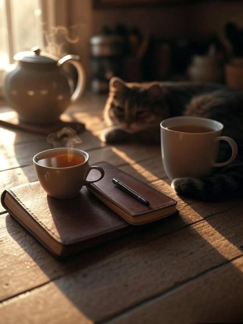 Overhead shot of a messy-but-cozy kitchen counter with tea, a journal, and a cat tail in frame.