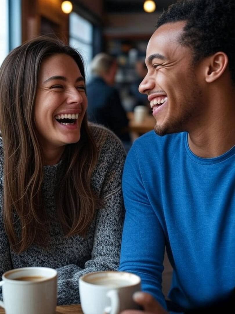 A cozy coffee shop in Queens, two people laughing over mugs of coffee, warm lighting, slight motion blur for candid feel.