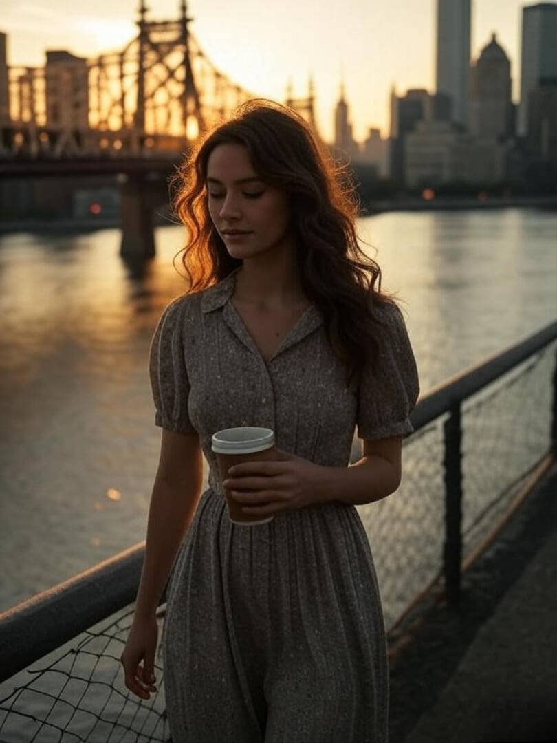 A slightly blurred, vintage-filtered photo of a woman walking alone across the Queensboro Bridge at sunset.