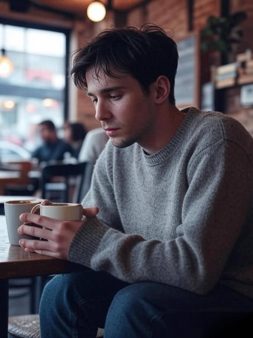 A candid shot of someone sitting in a Queens coffee shop, hands wrapped around a mug, clearly lost in thought.