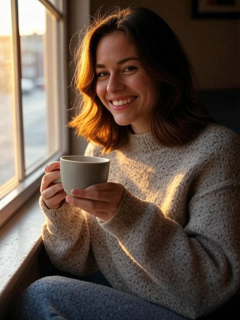 a woman sitting by a window in Queens, NYC, coffee cup in hand, half-smiling half-distracted—lighting golden hour.
