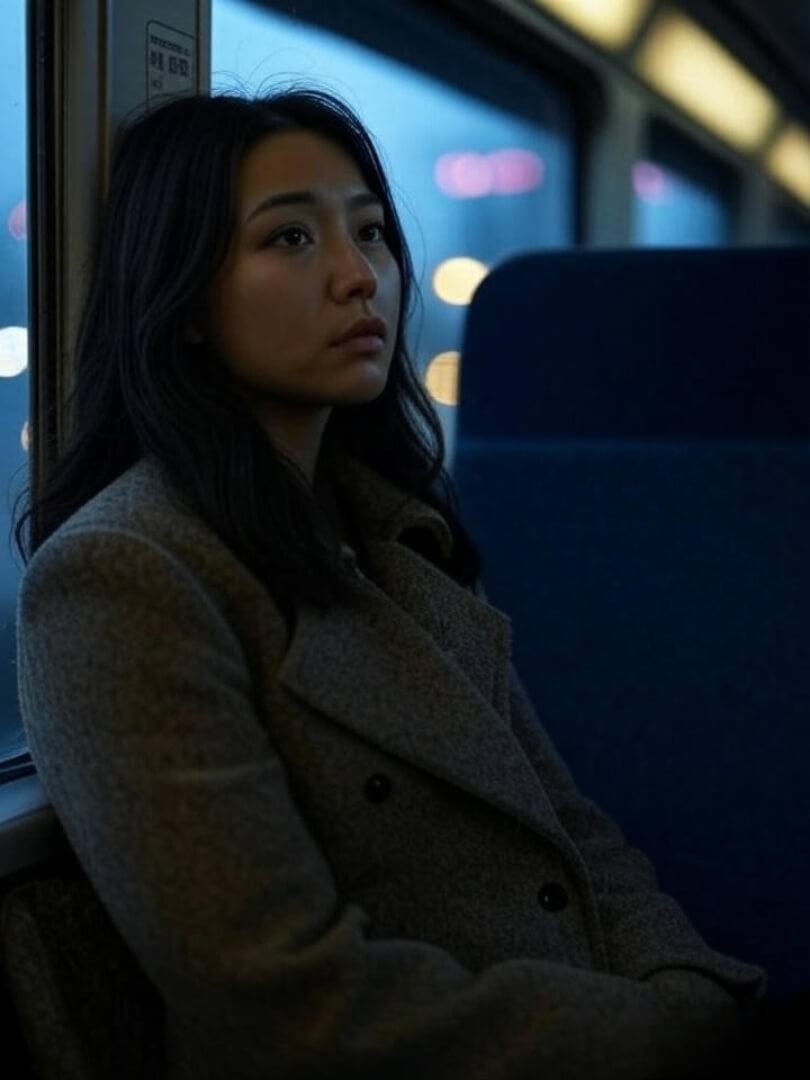 A woman sitting on the 7 train, looking out the window, city lights blurring behind her.