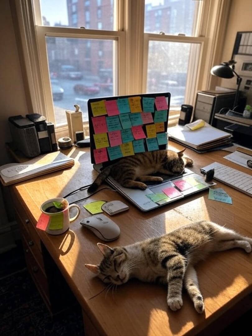 laptop with sticky notes everywhere, half-drunk coffee mug, sunlight through a Queens apartment window, cat lazily sprawled on the keyboard.