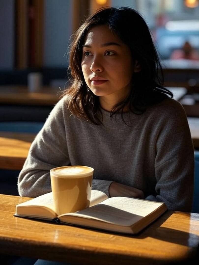 a woman sitting alone in a Queens café, sunlight spilling across her notebook and half-drunk latte.