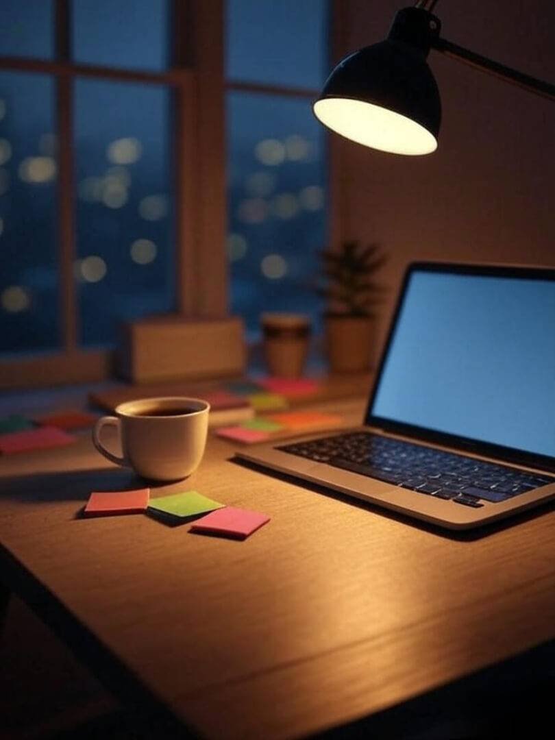A cozy desk setup with coffee, scattered sticky notes, and a laptop glowing late at night—shot in warm lighting, photorealistic digital painting style.