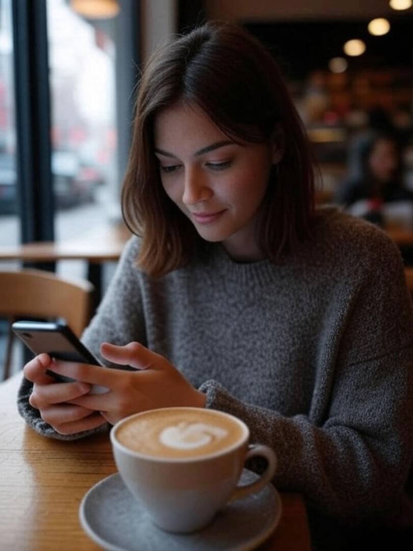 A woman sitting in a coffee shop in Queens with an untouched latte, staring at her phone like she’s waiting for a text back.