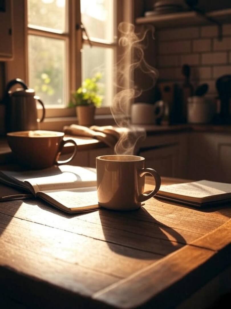 A cozy kitchen table with sunlight hitting a steaming coffee mug, open notebook beside it. Slightly vintage-filtered, warm colors.