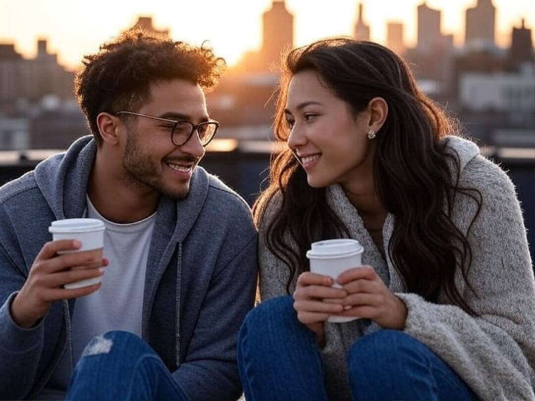 a couple sitting on a rooftop in Queens at sunset, coffee cups in hand, skyline in the back.