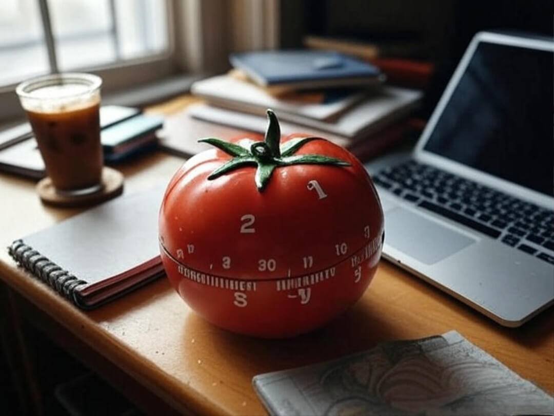 The Pomodoro Technique: Boost Your Focus and Crush Your Career Goals a vintage tomato-shaped kitchen timer sitting on a cluttered desk with notebooks, iced coffee sweating on a coaster, and a laptop half-open.