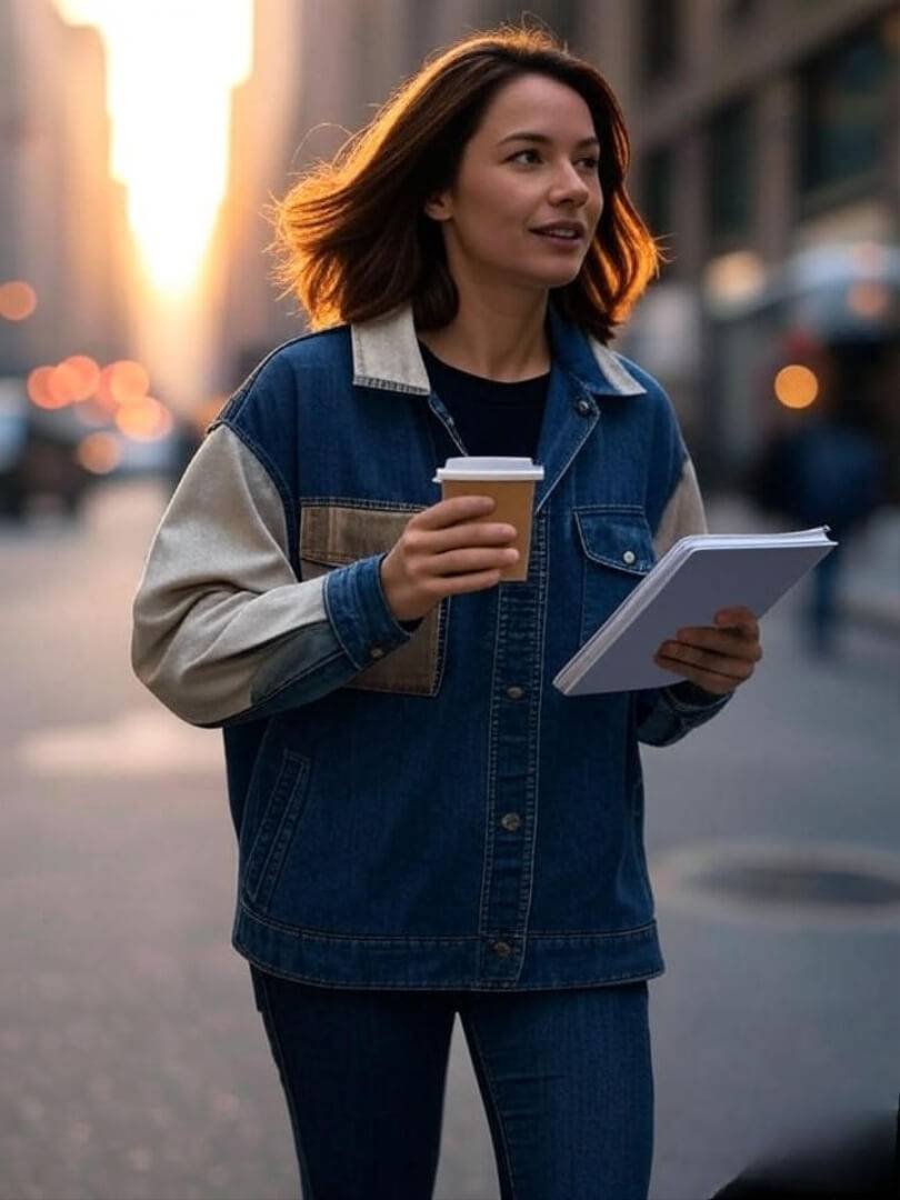 a woman in NYC holding coffee in one hand, notebook in the other, walking fast across a crosswalk.