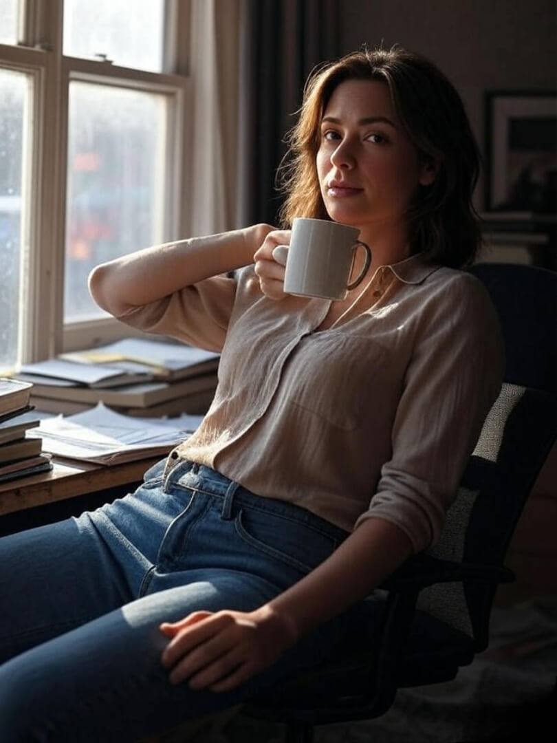a woman at a cluttered desk, leaning back in her chair with coffee in hand, sunlight streaming through a messy NYC apartment window.