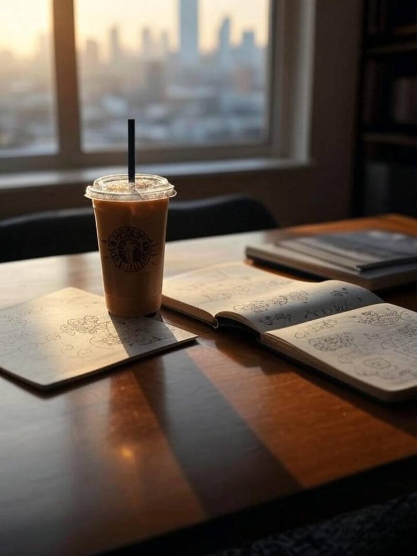 a half-drunk iced coffee, an open notebook with doodles and goals scribbled down, and a city skyline blurred through the window.