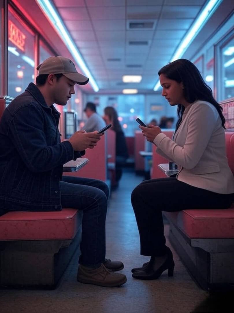 Two people sitting at opposite ends of a diner booth in Queens, both scrolling on their phones instead of talking.