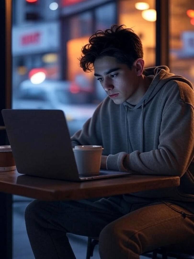 someone sitting at a coffee shop table with a laptop, looking both tired and hopeful.
